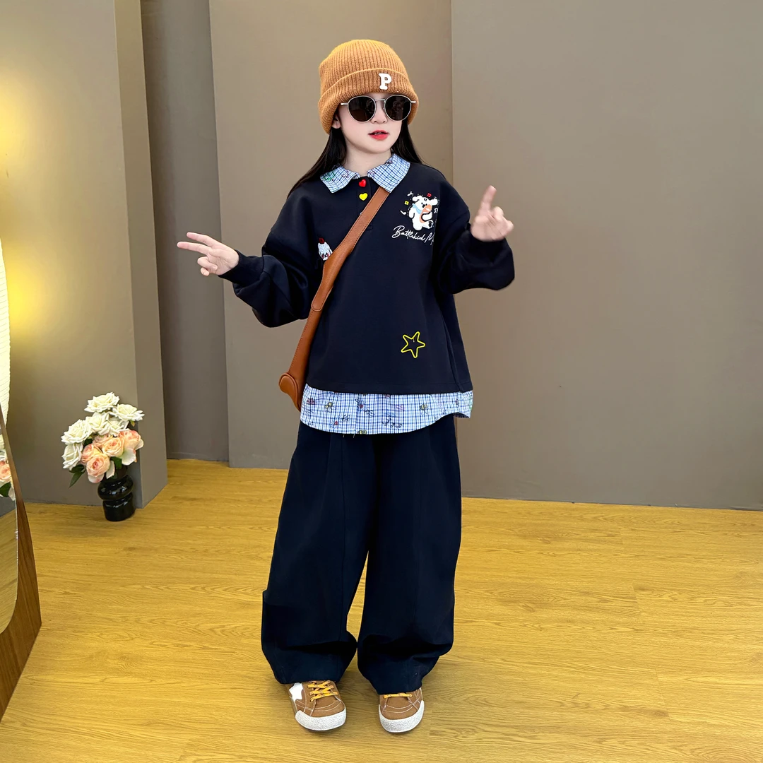 女童2025新款中大儿童春秋洋气休闲假两件卫衣宽松阔腿裤两件套潮