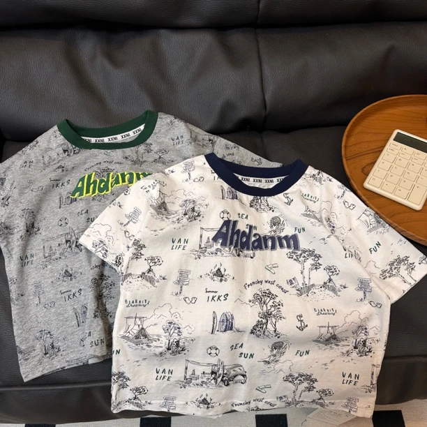 4013男女童休闲时尚潮流洋气炸街夏季涂鸦短袖