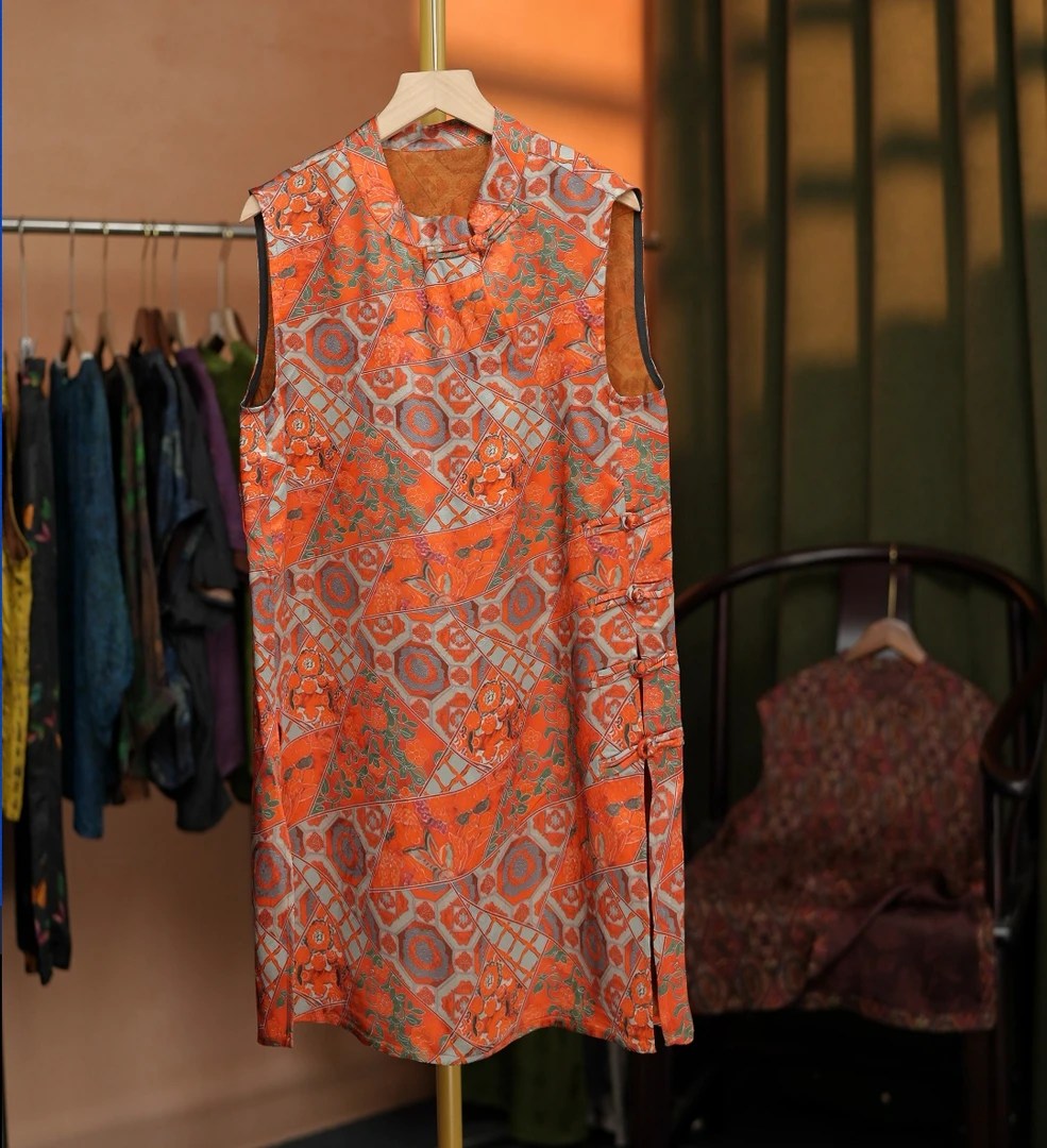 {昙花一现}网红奥黛新中式女士夏季复古双面紫色提花无袖立领上衣