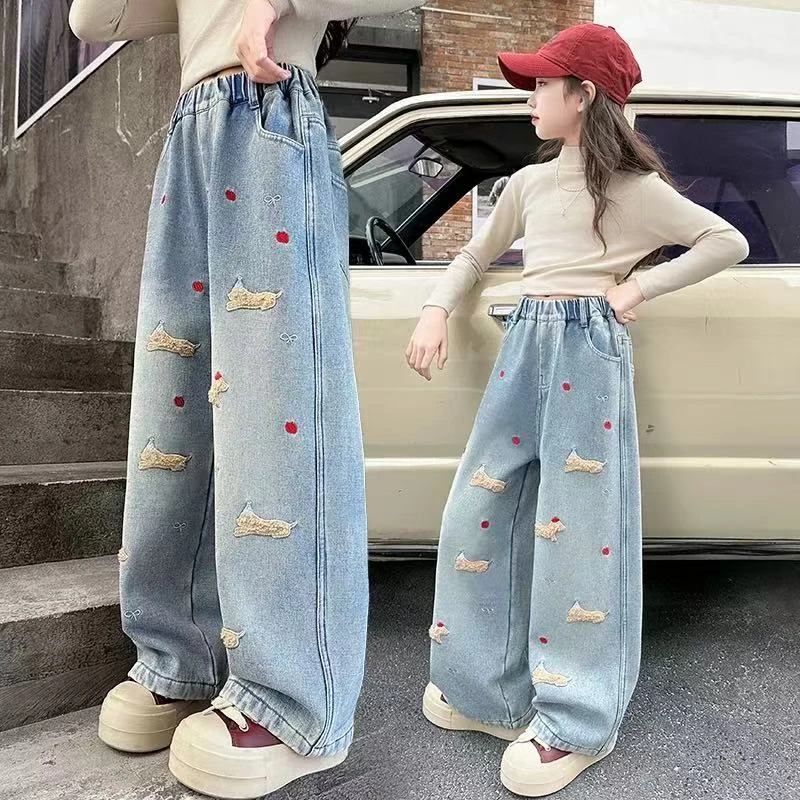 女童裤子春秋外穿儿童新款中大童洋气时髦阔腿长裤春季儿童牛仔裤