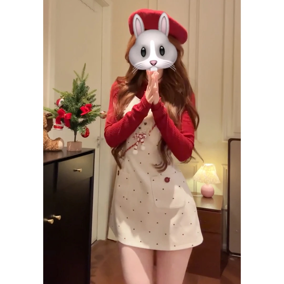 2025新款圣诞穿搭红色高领内搭背带连衣裙子秋冬a字收腰短裙套装