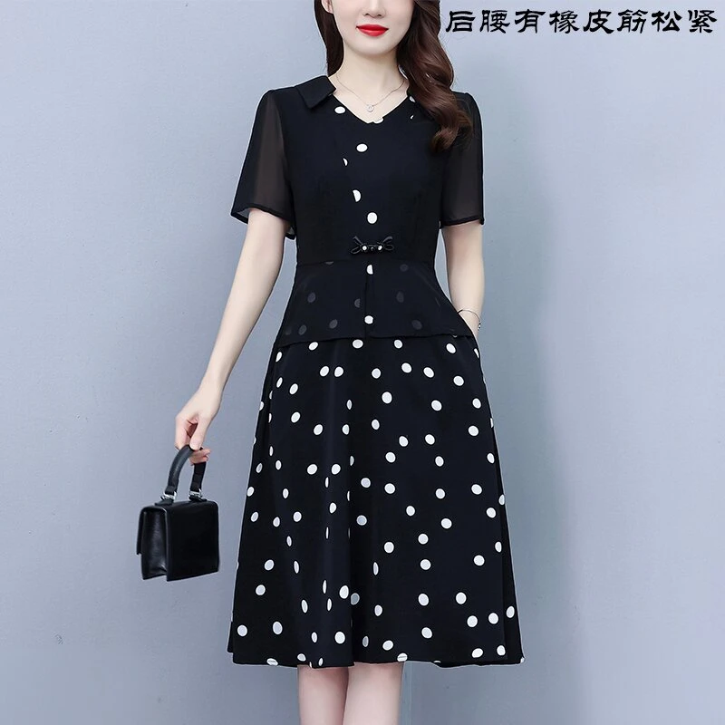 高档波点真丝短袖连衣裙2025新款夏季拼接气质中长款修身显瘦裙子