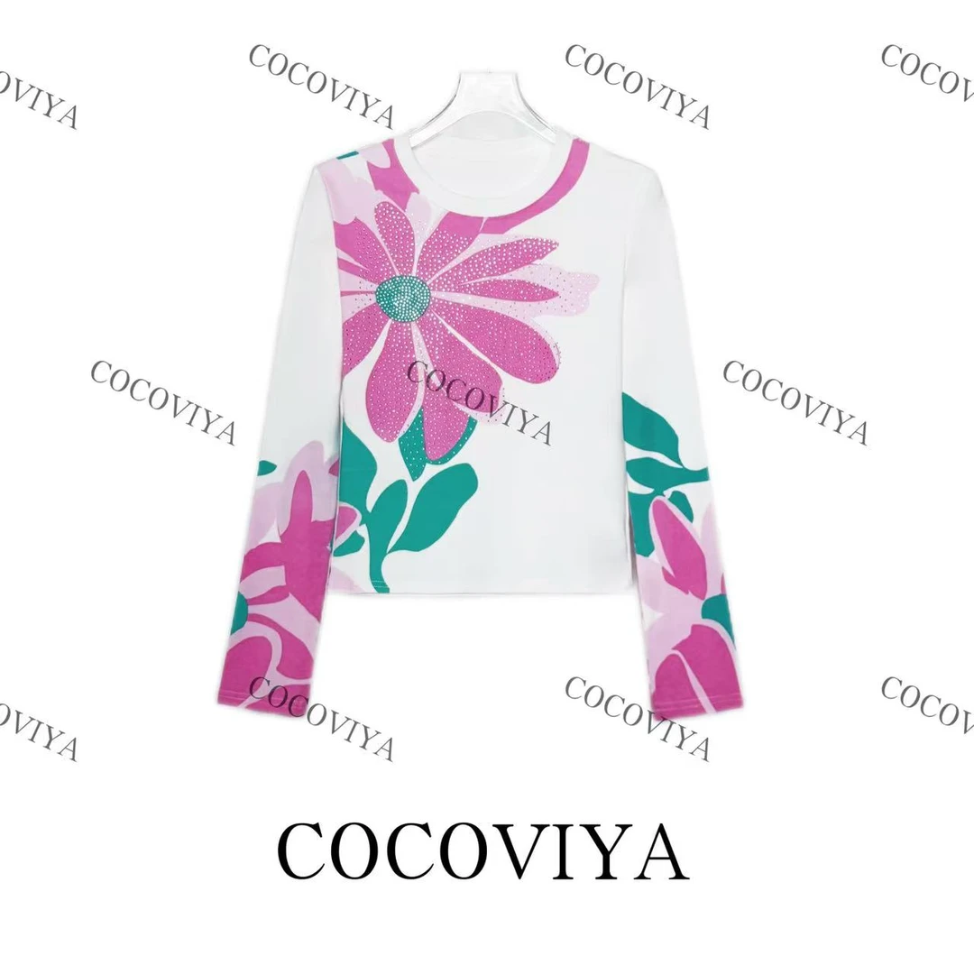 【CC】COCOVIYA粉瓣翠叶环袖花簇长袖T恤遮肉显瘦休闲上衣26C-276