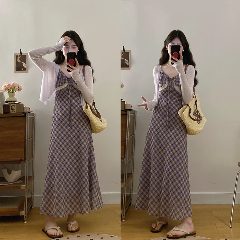 1964#微胖复古紫格纹吊带连衣裙夏2025新款收腰显瘦长裙开衫套装