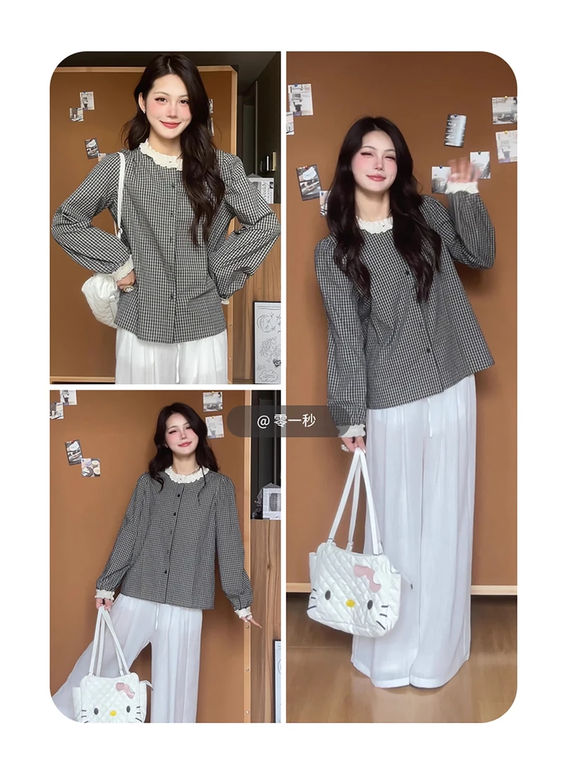 文艺港味复古黑白格纹衬衫女式时尚拼接花边袖口长袖减龄排扣衬衣