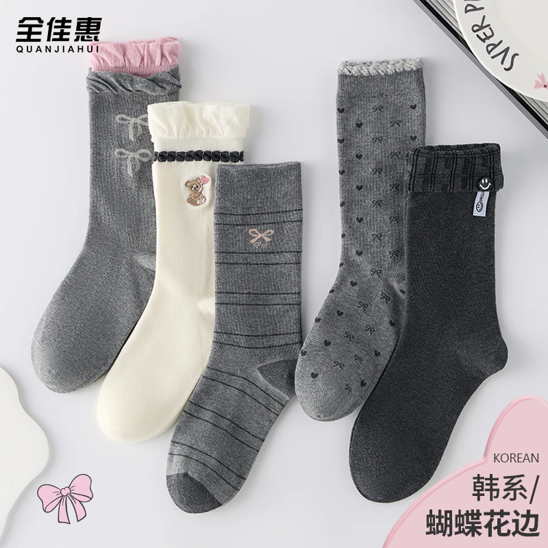 女公主风吸汗中筒袜女士灰色袜子常规中筒时髦小姨风百搭款抗起球