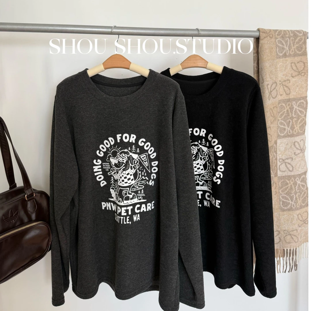 【瘦瘦】调皮小狗-大码圆领印花百搭宽松加绒长袖打底S02170