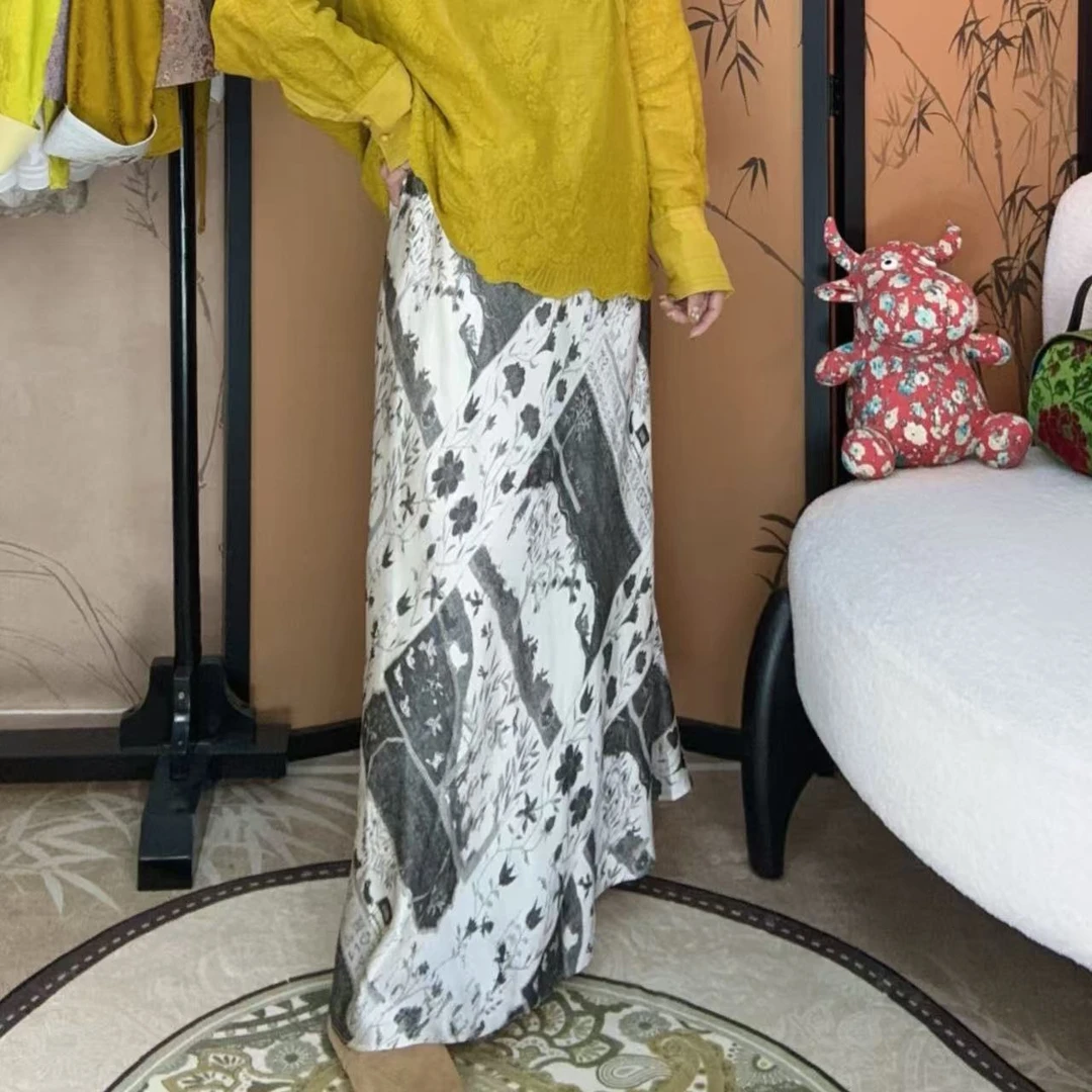 【小许夫妇】醋酸弹力腰半身裙百搭国风气质水墨画