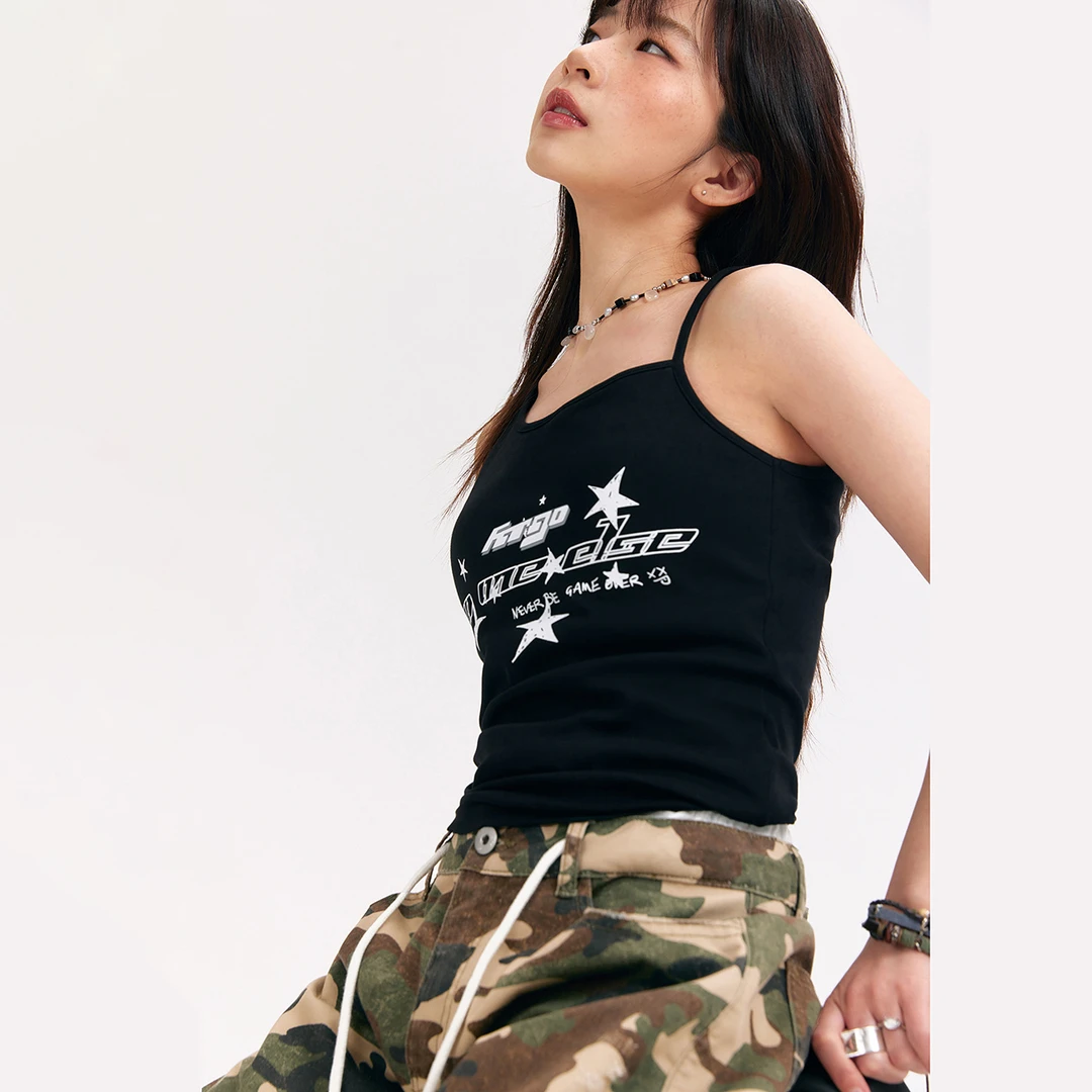 NO ONE ELSE美式复古女装星星字母吊带夏季不对称修身外穿背心
