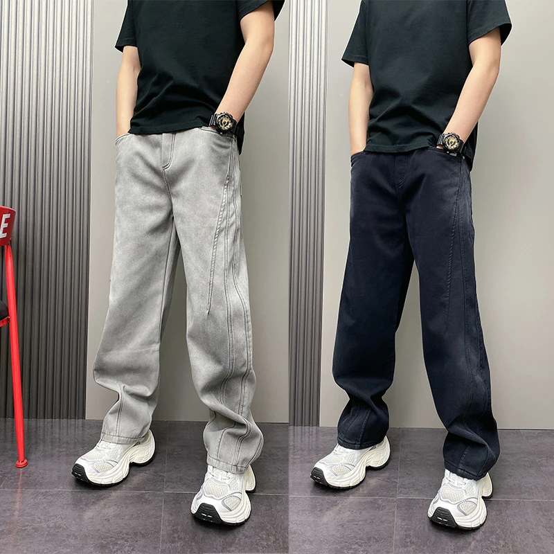 2025冬季新款加绒美式复古水洗牛仔裤男宽松直筒阔腿长裤休闲