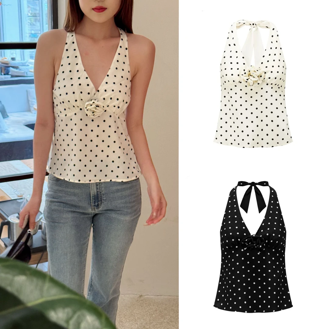 ODTD25春夏新款V领波点碎花挂脖上衣（含花）显瘦性感背心无袖吊带