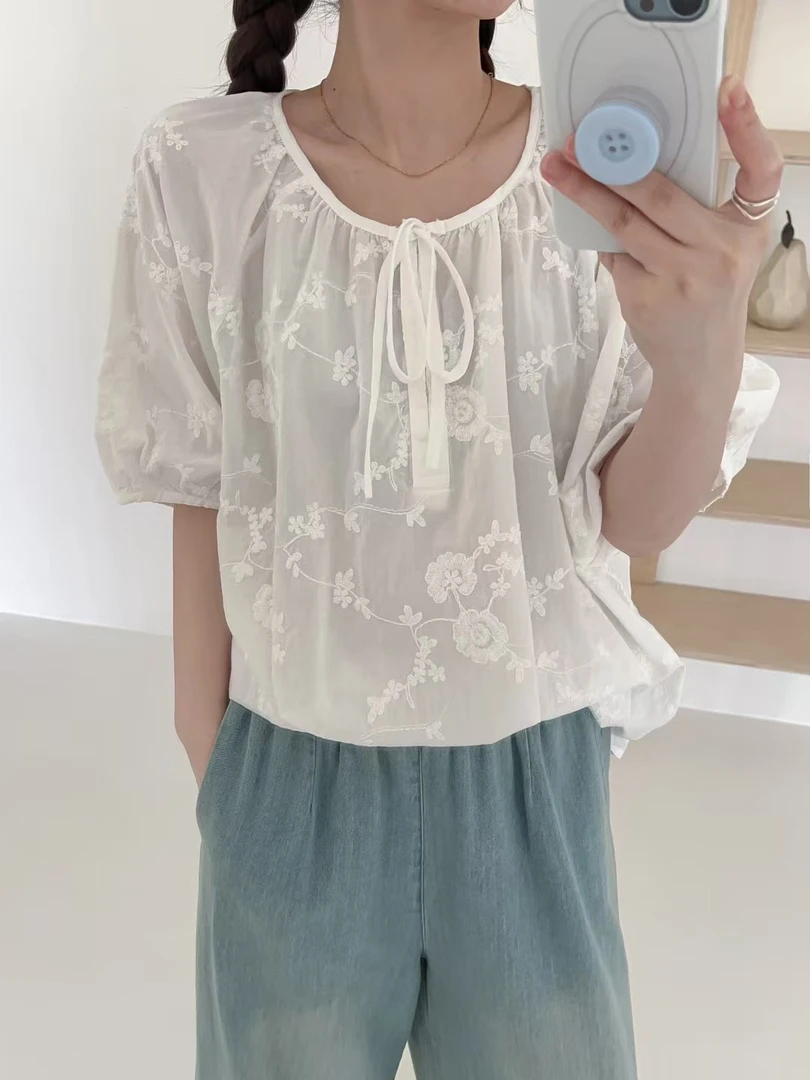 胸140长68/拼接圆领系带刺绣衬衫宽松减龄韩版衬衣时尚