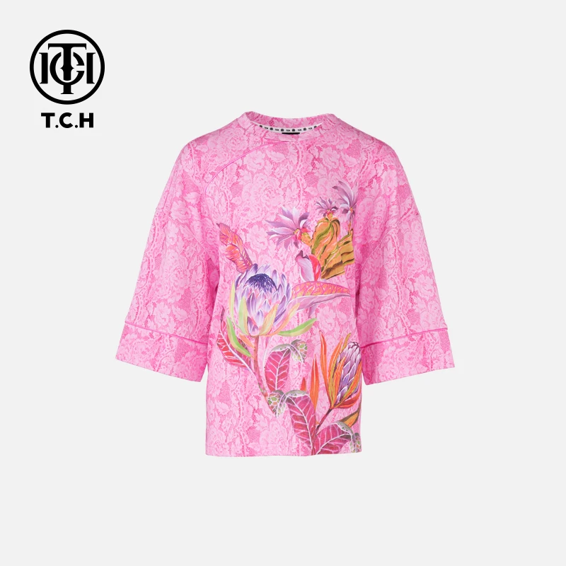 TCH轻奢复古时尚新中式圆领宽松印花粉色T恤女T72C106063私服tch