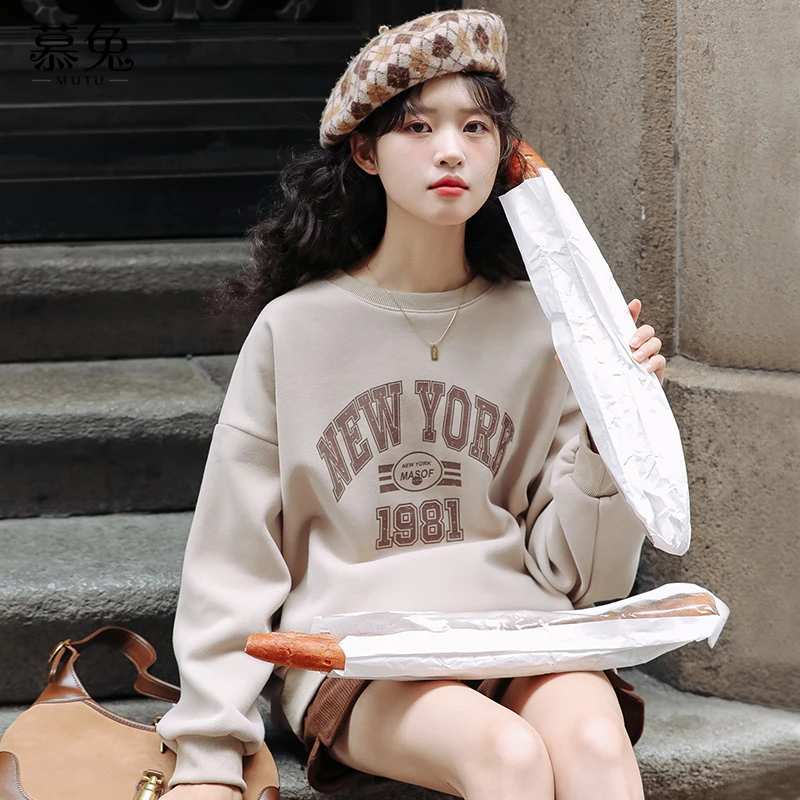 慕兔小个子加绒加厚卫衣女ins潮2024秋冬美式宽松慵懒风上衣