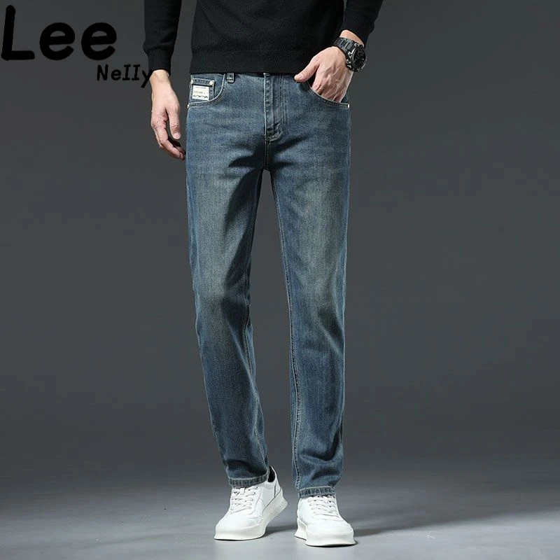 LeeNelly秋冬厚款复古蓝怀旧深蓝牛仔裤男款修身小直筒裤子男款