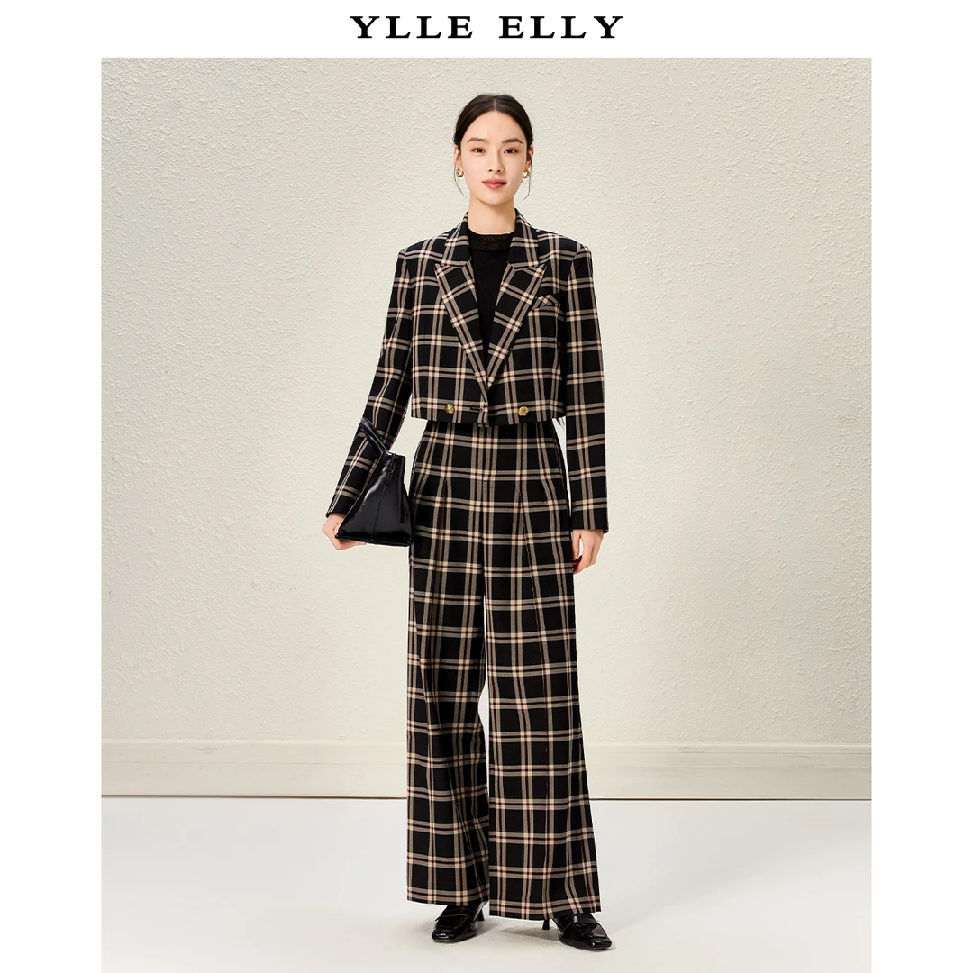 复古格纹西服2025秋季新款时尚截短设计显高西装外套女Y423311299