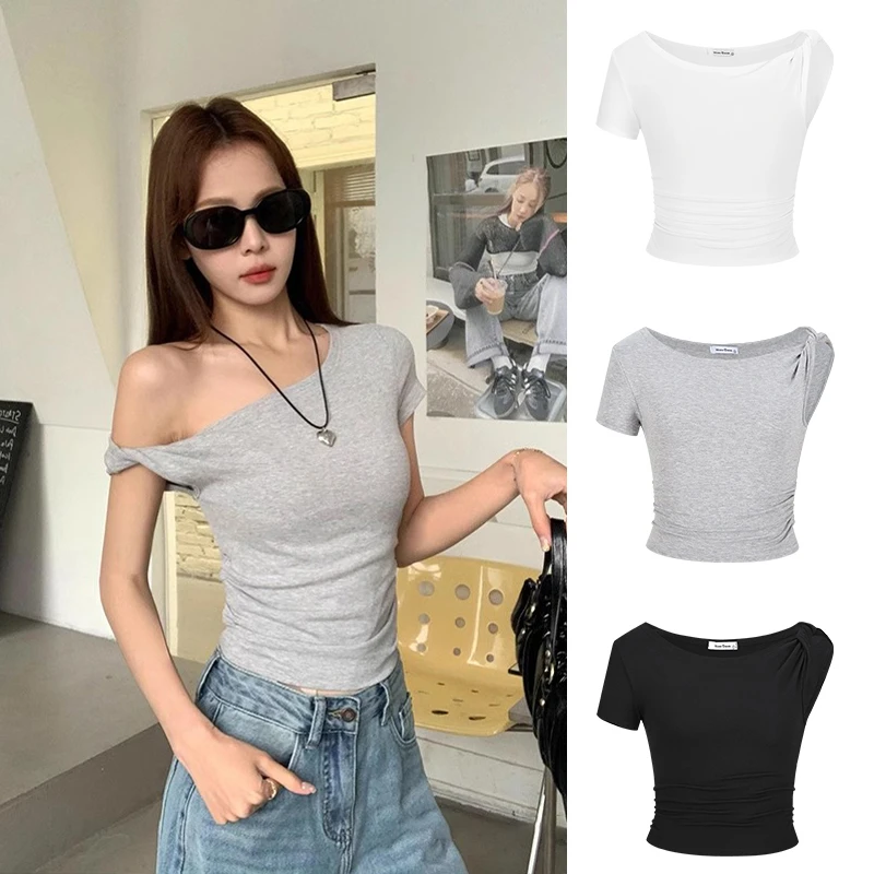 Moses Queen/魔西女王美式复古斜肩扭结短袖T恤纯欲辣妹短款上衣