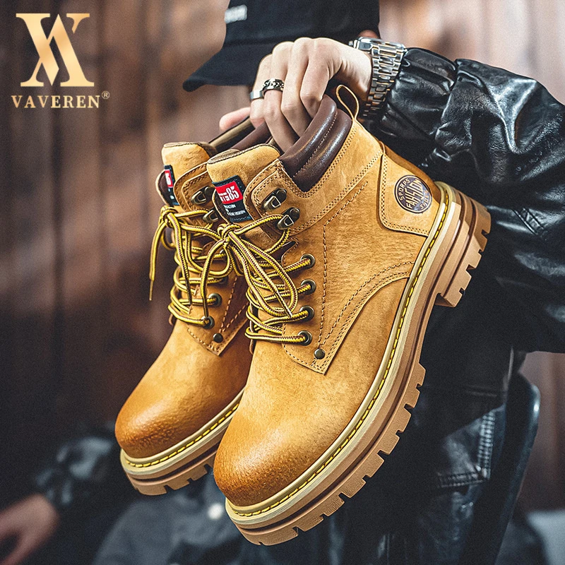 百搭头层猪皮男士手工复古美式厚底大黄靴中帮工装骑士靴男士