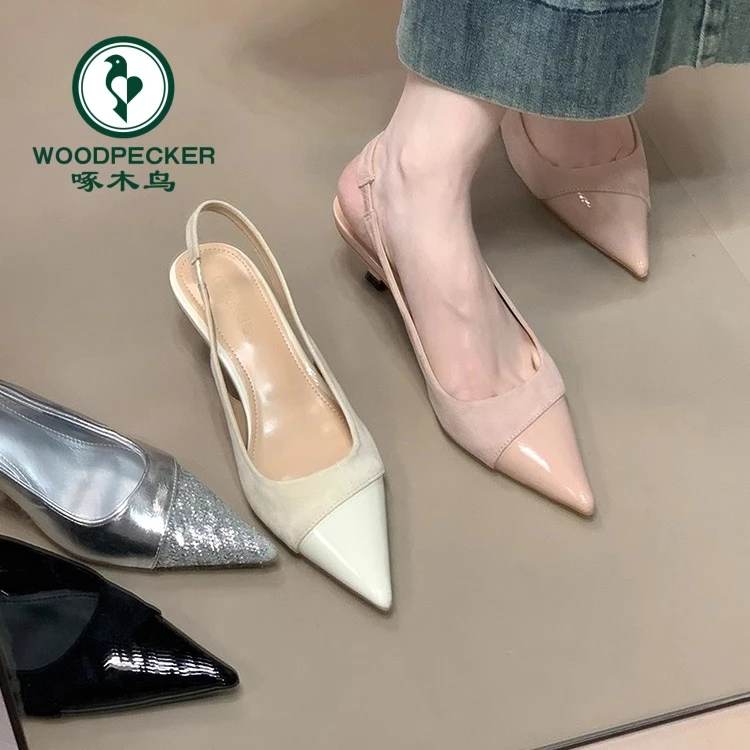 啄木鸟网红优雅尖头通勤高跟鞋法式拼接御姐风新款浅口包头凉鞋女