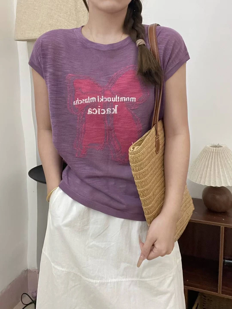 上衣短袖女夏季字母时尚条纹针织衫印花蝴蝶结薄款针织衫