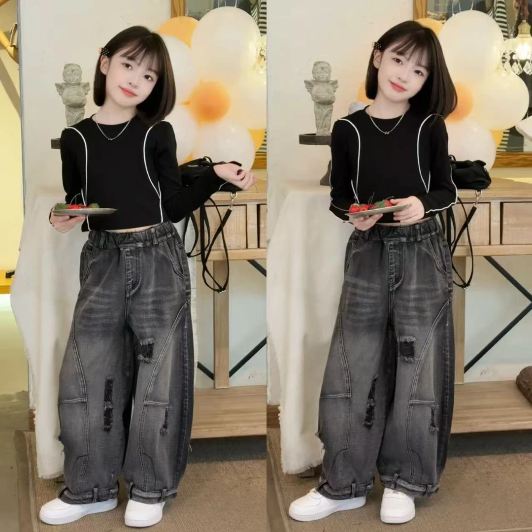 女童套装2025新款春装网红炸街洋气牛仔裤打底衫韩系穿搭儿童衣服
