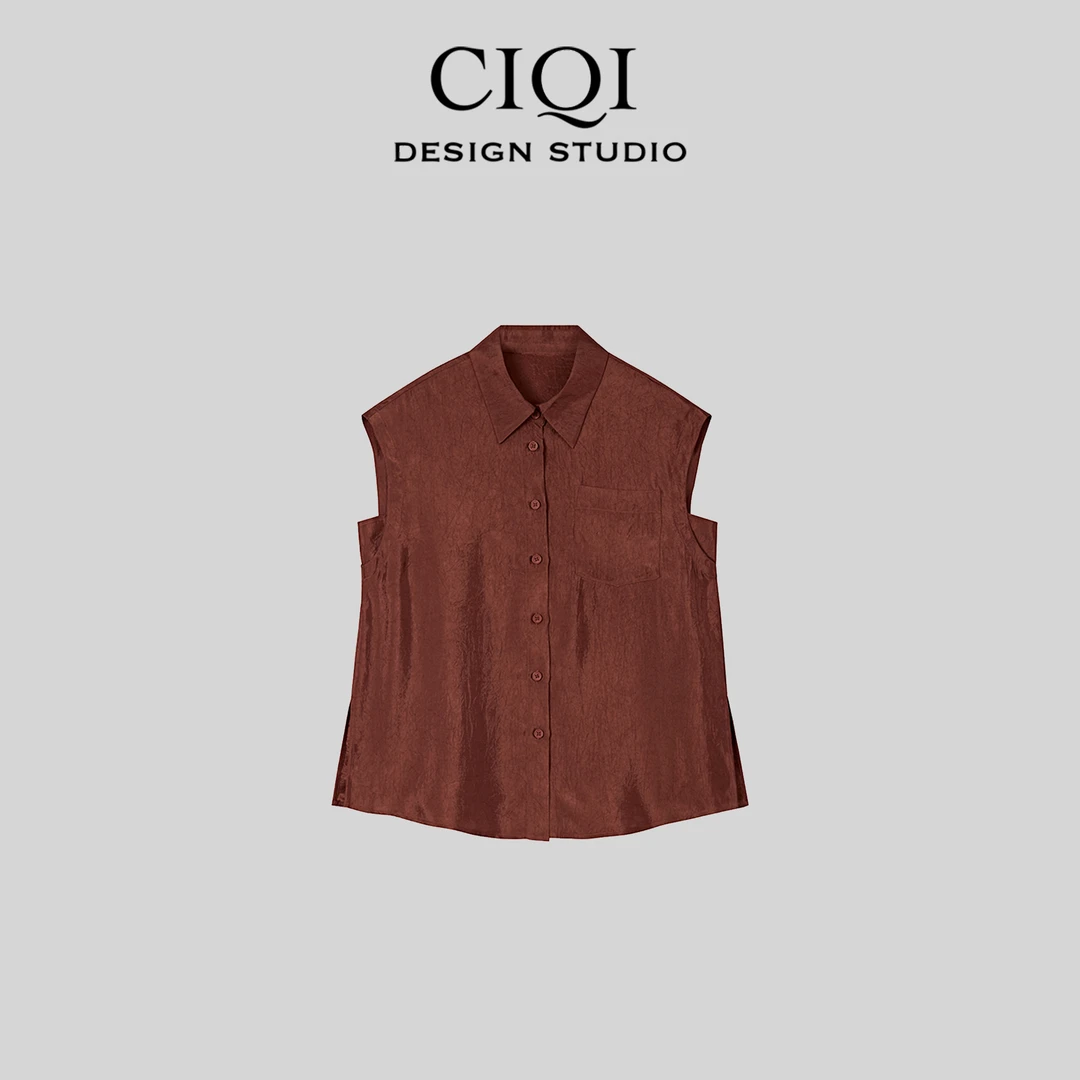 CIQI STUDIO【夏日洛尘】100% 醋酸无袖翻领老钱风设计衬衫CS8623