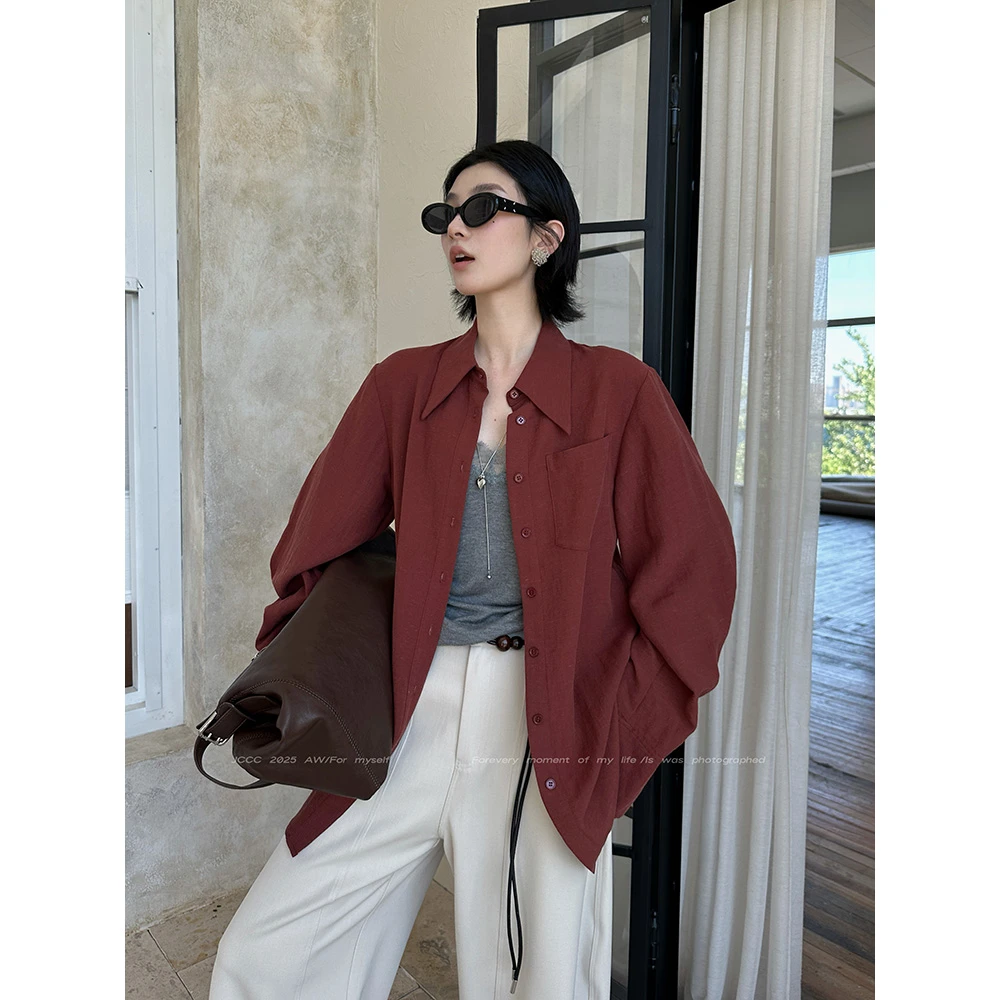 JCCC影子【枫叶红】酒红色极简纯色透气亚麻廓形衬衫JE5ASC13
