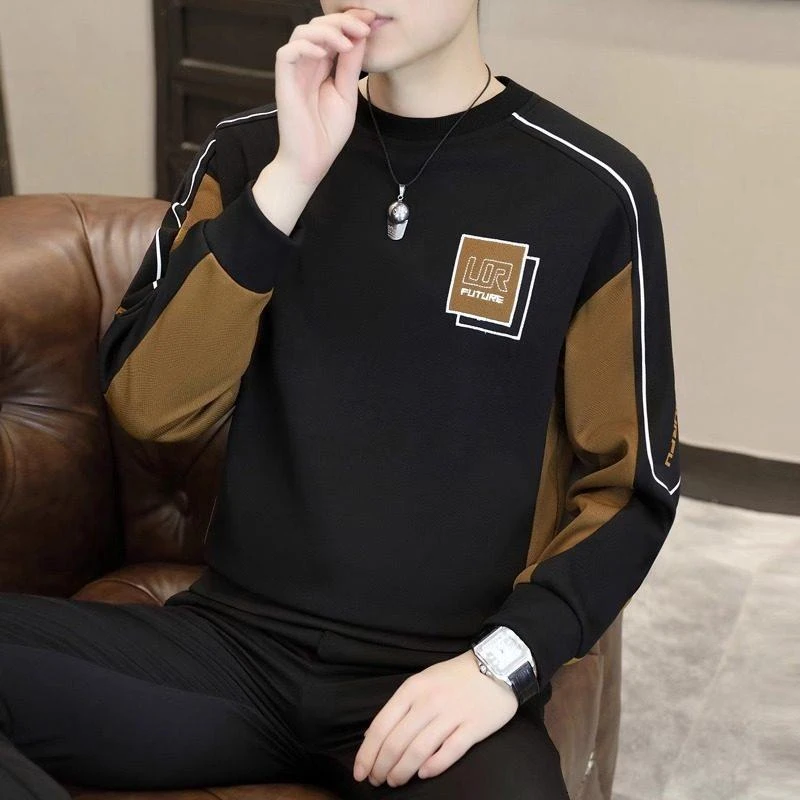 卫衣男士圆领t内搭衣秋冬季新款潮流拼色长袖T恤青年加绒加厚上衣