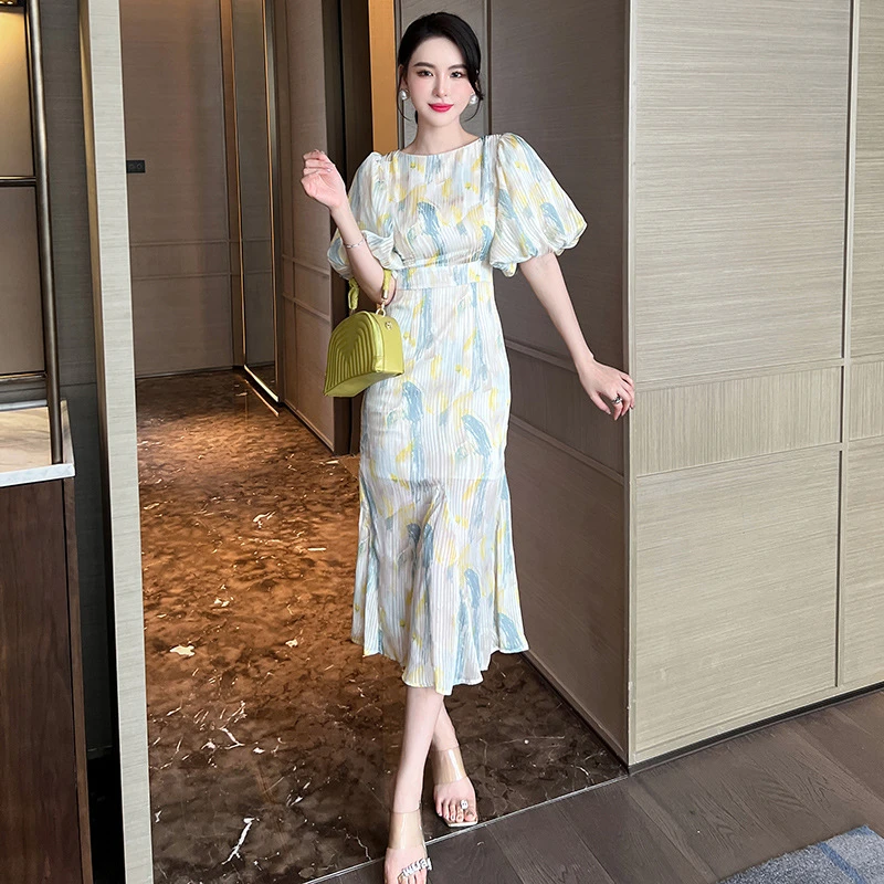 圆领铅笔裙两片式交叉绑带夏季连衣裙裙子泡泡袖连衣裙设计感碎花
