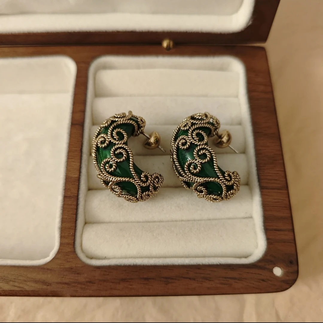 黄铜锆石耳饰 时尚中古VINTAGE 精致清新绿色C型耳饰