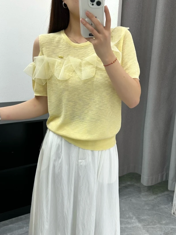 露肩宽松针织洋气设计感韩系不规则蕾丝拼接上衣