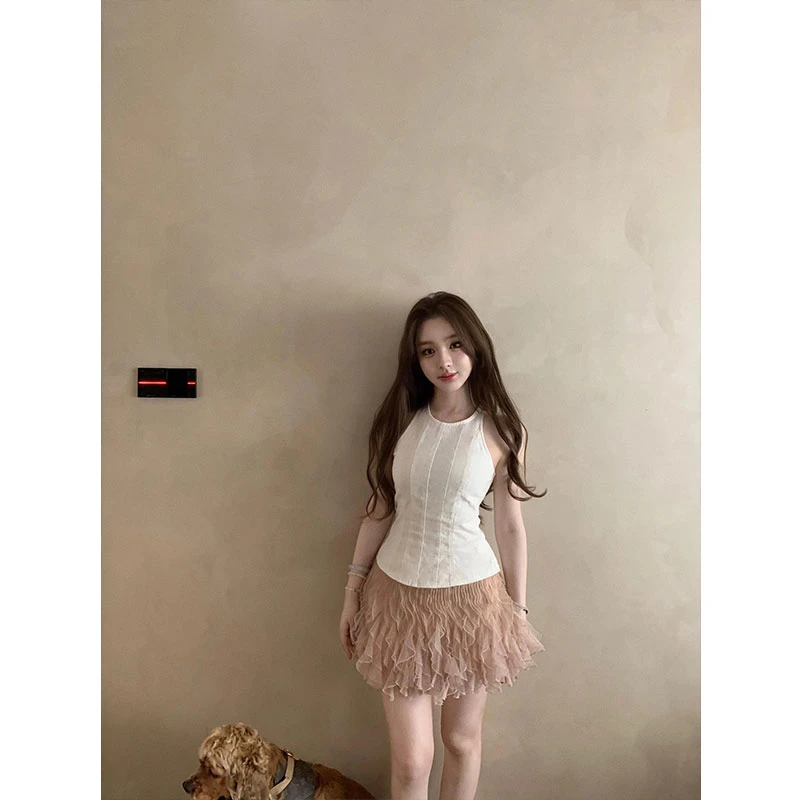 2025夏季新款韩系纯欲风甜美无袖背心上衣高腰网纱蓬蓬裙两件套女