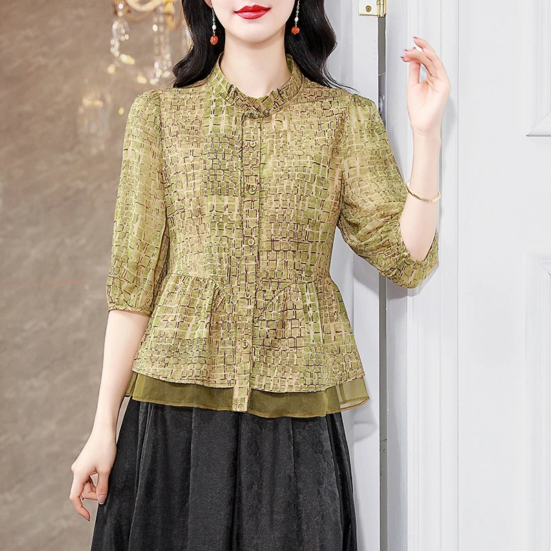 新款高端真品真丝桑蚕丝上衣女立领洋气2025妈妈小衫衬衫时尚年轻