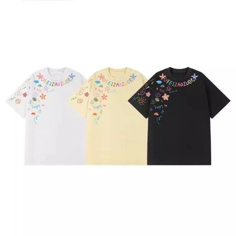 夏季男女款印花潮牌涂鸦花卉复古休闲宽松夏季短袖T恤ins风上衣