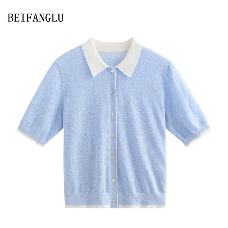 北方鹿【凉感亚麻+棉】春夏新品多巴胺色撞色POLO领针织短袖女2946