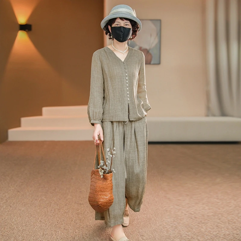 文艺复古亚麻套装女夏装2025年新款妈妈气质棉麻宽松阔腿裤两件套