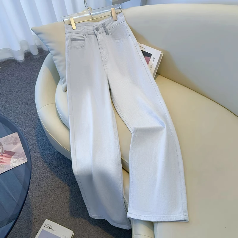 拉夏贝尔灰白色阔腿牛仔裤女2025春秋新款简约高腰显瘦宽松直筒裤