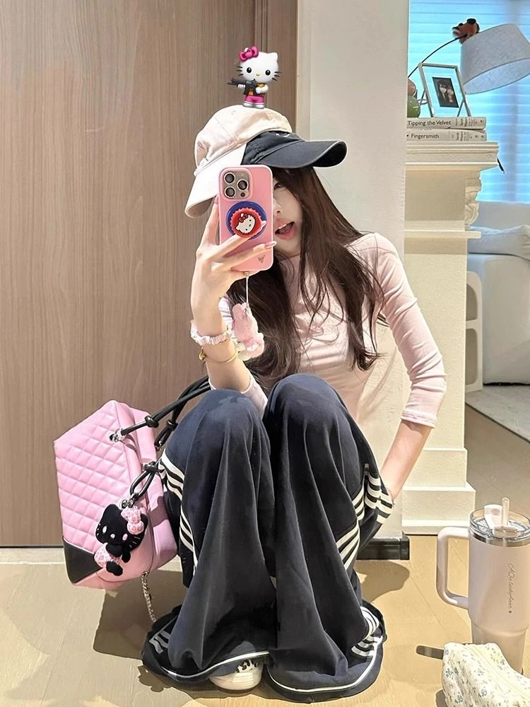 美式复古蓝色阔腿裤女夏季薄款宽松慵懒风休闲运动高腰拖地长裤子