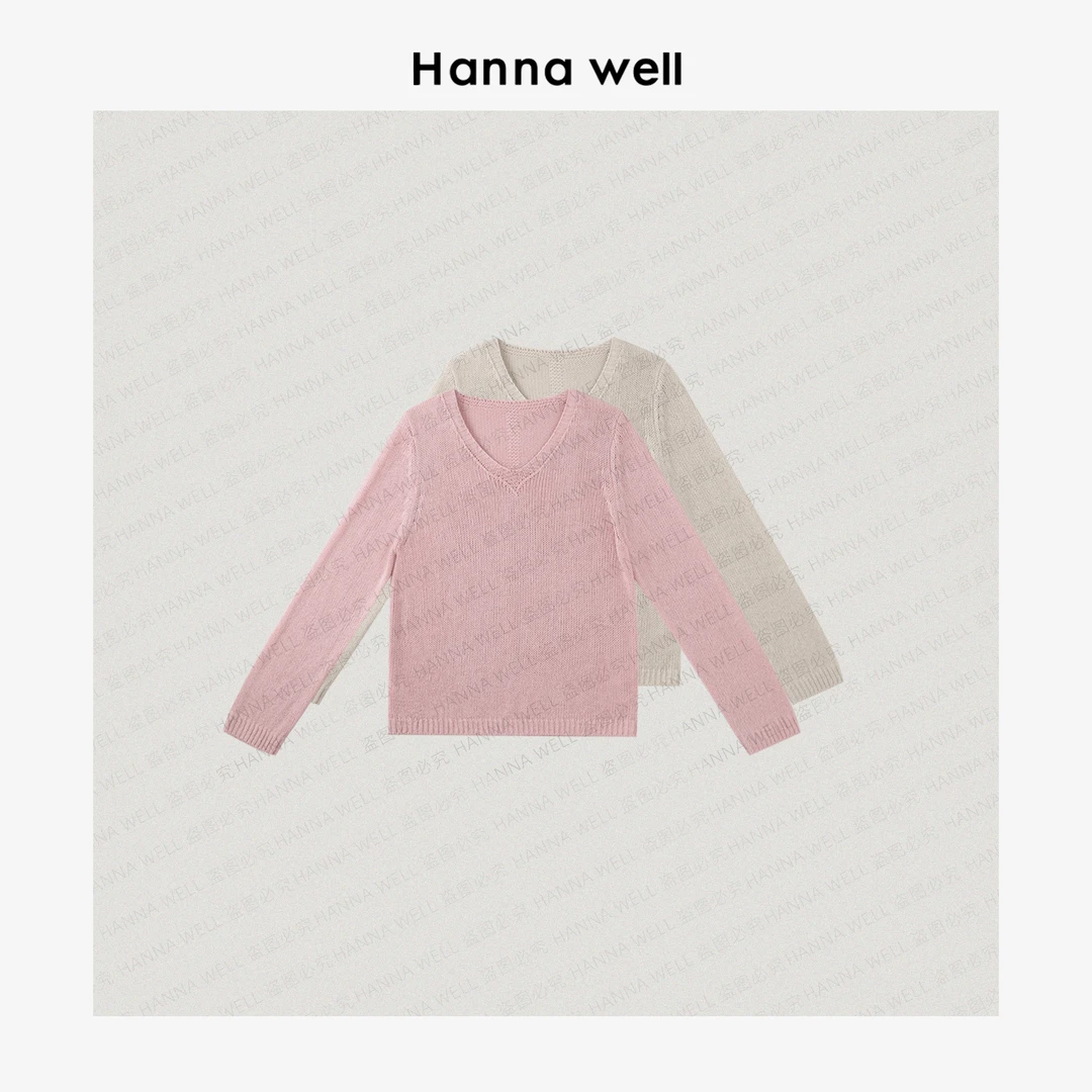 妞姐自制  “夏威夷” 骨感干爽亚麻罩衫 显瘦V领针织衫 ZZ5A04145.