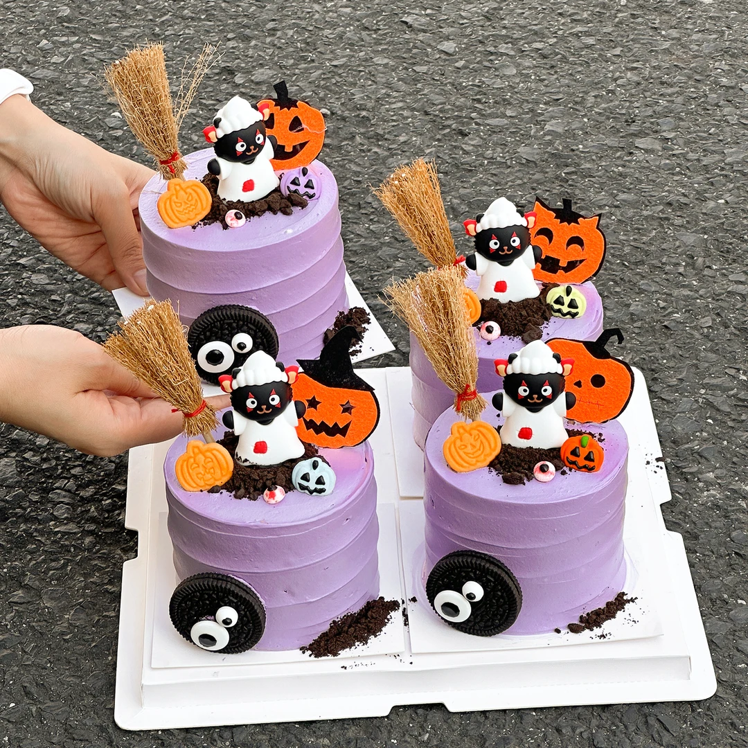 2025万圣节幽灵猫蛋糕装饰摆件搞怪南瓜大小眼睛糖珠扫把节日插件