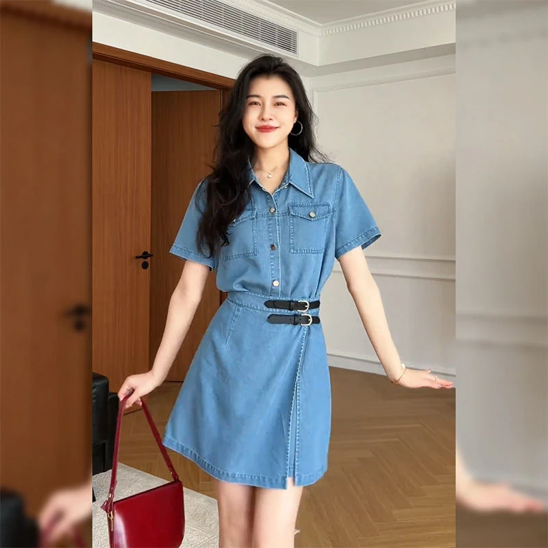 复古气质假两件短袖牛仔连衣裙女2025夏季新款设计感收腰a字短裙