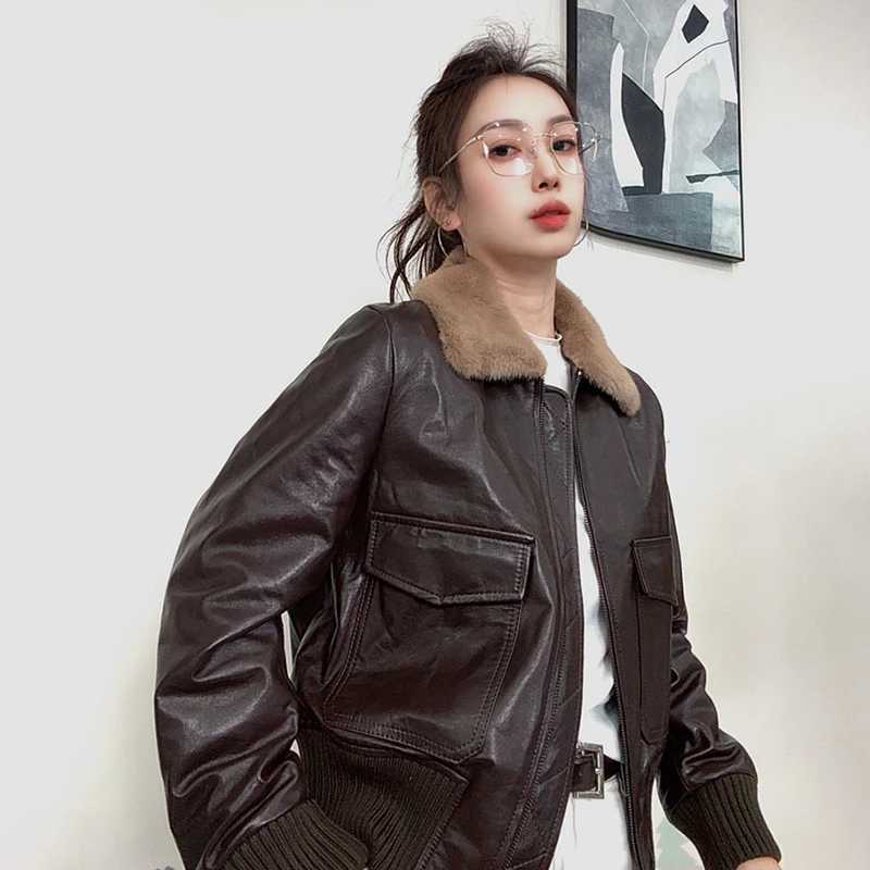 2025冬季新款夹棉绵羊皮设计感真皮水貂领复古皮衣时尚款外套女潮