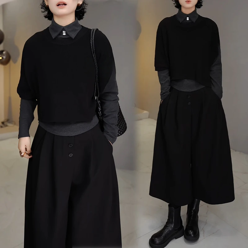 松弛感时尚气质套装女2025新款翻领长袖上衣披肩显瘦休闲裤三件套