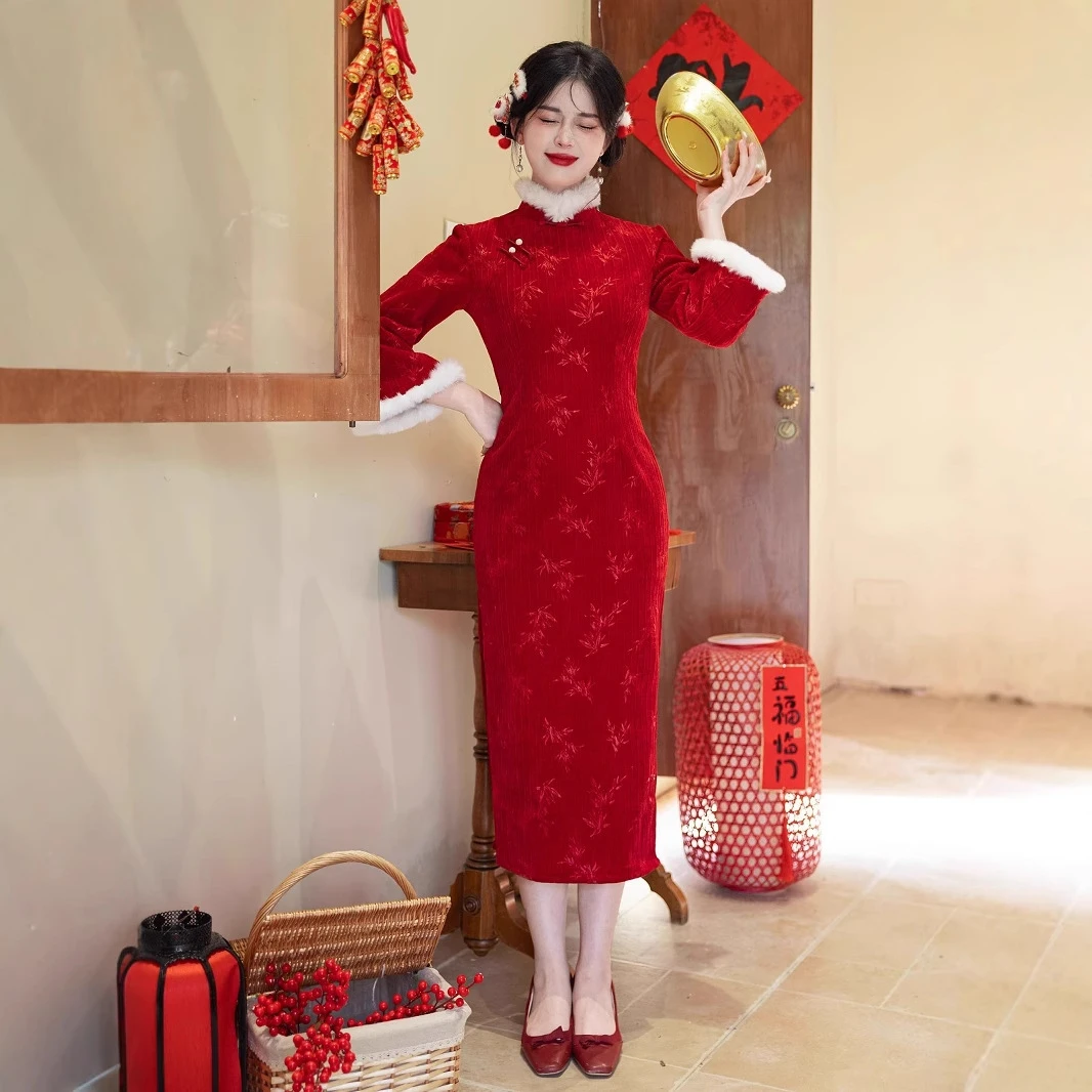 【静舒】复古民国风新中式加绒旗袍酒红色婚服订婚结婚敬酒回门
