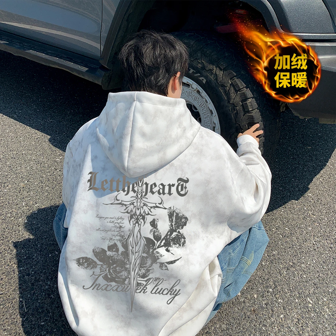 2025新款套头衫衣服卫衣连帽秋冬季潮牌美式复古加绒加厚重磅帽衫