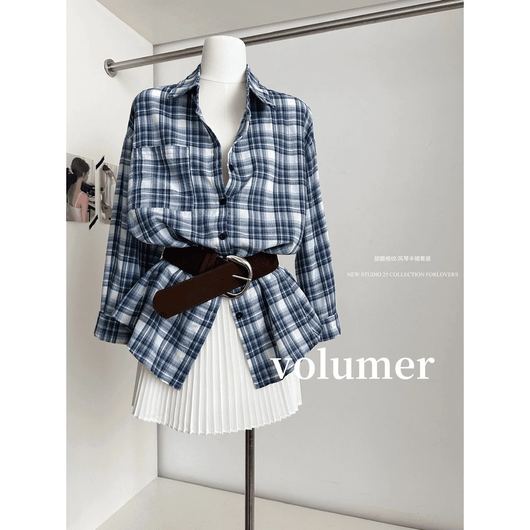 【volumer实拍】韩系ins秋季宽松格纹翻领衬衫女气质高腰显瘦半身裙