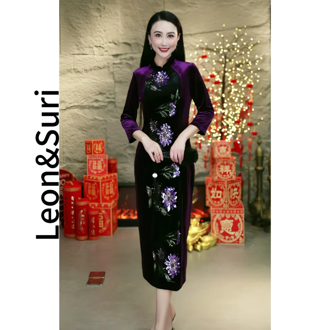 B【年终大促】‘’紫玉星河‘’新款高级显瘦修身重工秋冬丝绒连衣裙