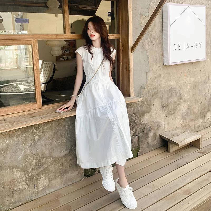 别致独特白色无袖连衣裙女夏新款法式气质温柔风收腰显瘦长裙女款