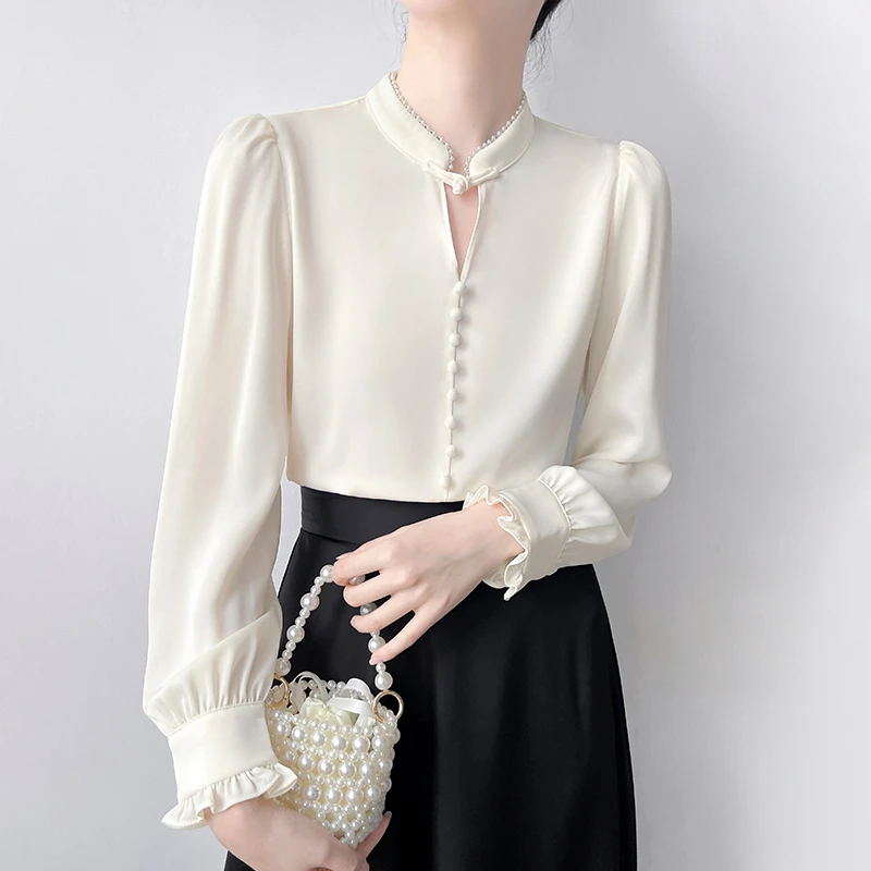 Q591轻奢高级感珍珠立领盘扣缎面衬衫女士长袖新中式气质显瘦上衣
