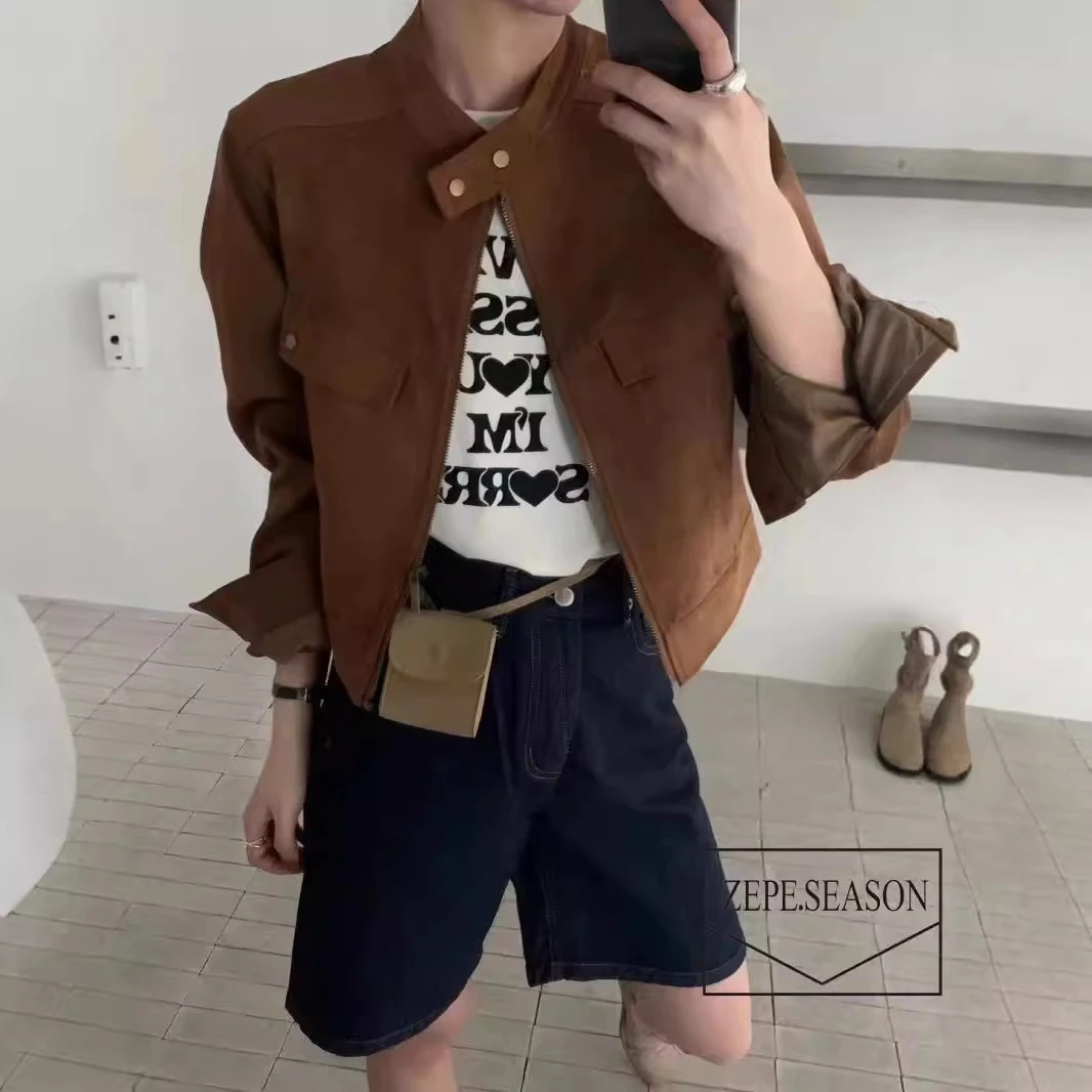 麂皮绒外套女短款安哥拉红韩版休闲2025秋季新款复古夹克上衣韩系